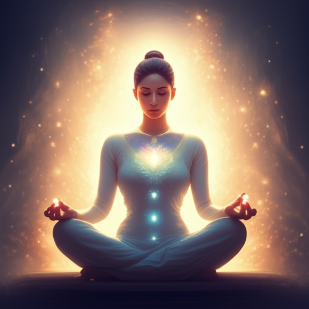 Spiritual medium in peaceful setting with ethereal light